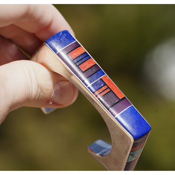 Jim Harrison Navajo Native Indian Sterling Inlay Multi Stone Cuff Bracelet Heavy - Picture 4 of 17